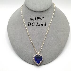 Vintage Blue Heart Pendant Necklace, Signed BC Lind 1998, Clear Rhinestones, 17"
